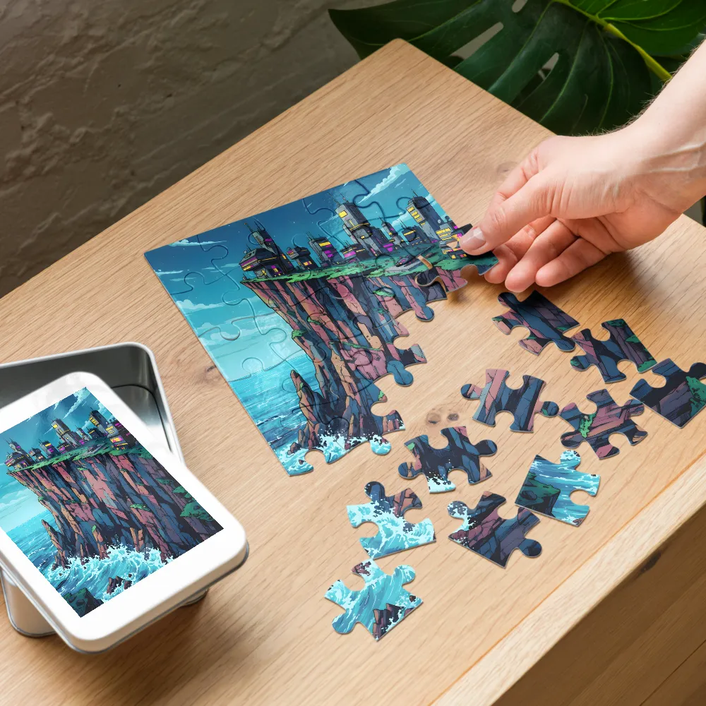 Neon Cliff City 
 Jigsaw Puzzle in Tin Box