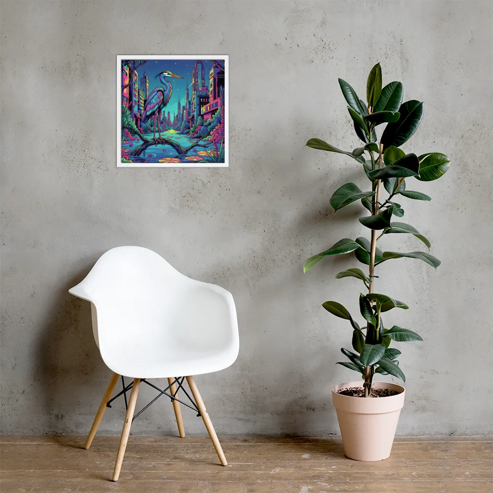 Neon Heron - Urban Twilight 
 Poster with White Frame | 18″x 18″
