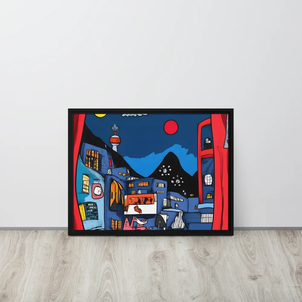 Whimsical Cityscape at Night | Canvas with Black Frame | 18″×24″