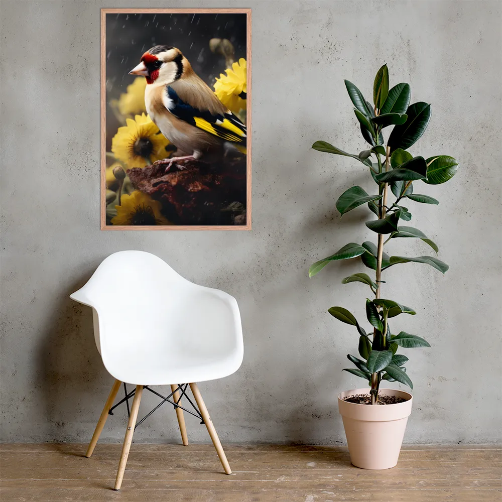 Harmony in Nature: A Goldfinch Amidst Blooms | Poster with Red oak Frame | 24″×36″