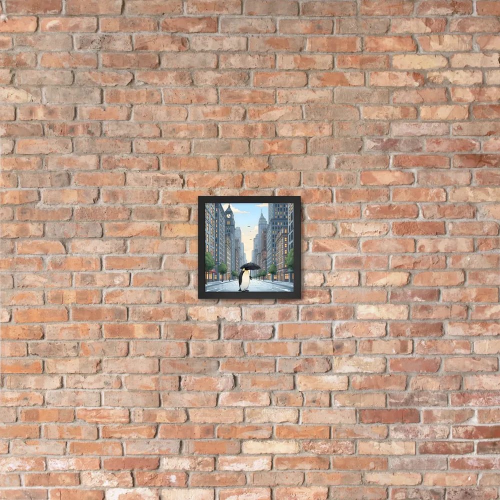Penguin in the City 
 Poster with Black Frame | 10″x 10″