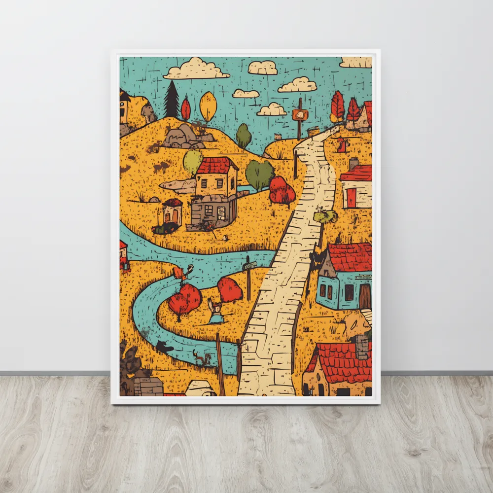 Whimsical Village Landscape | Canvas with White Frame | 24″×32″