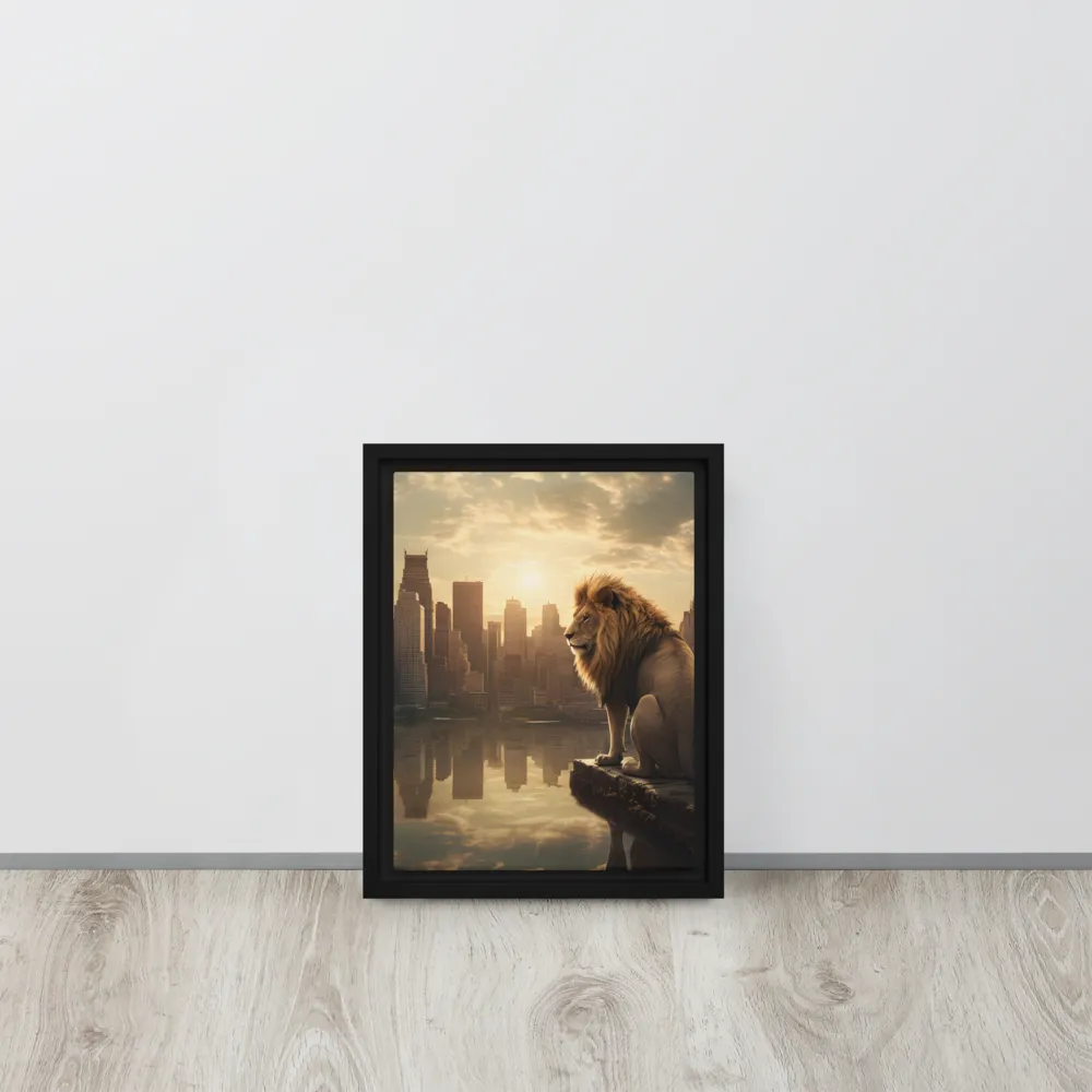 The Lion's Gaze Over the Urban Symphony | Canvas with Black Frame | 9″×12″