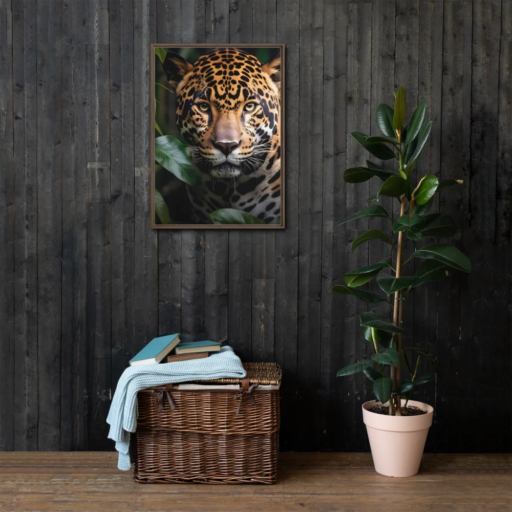 The Intensity of Nature: A Jaguar’s Gaze | Canvas with Brown Frame | 20″×28″