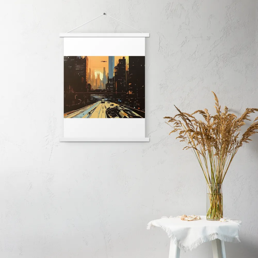 Metro Nexus: A Futuristic Cityscape | Poster With White Wood Hanger | 18″×24″