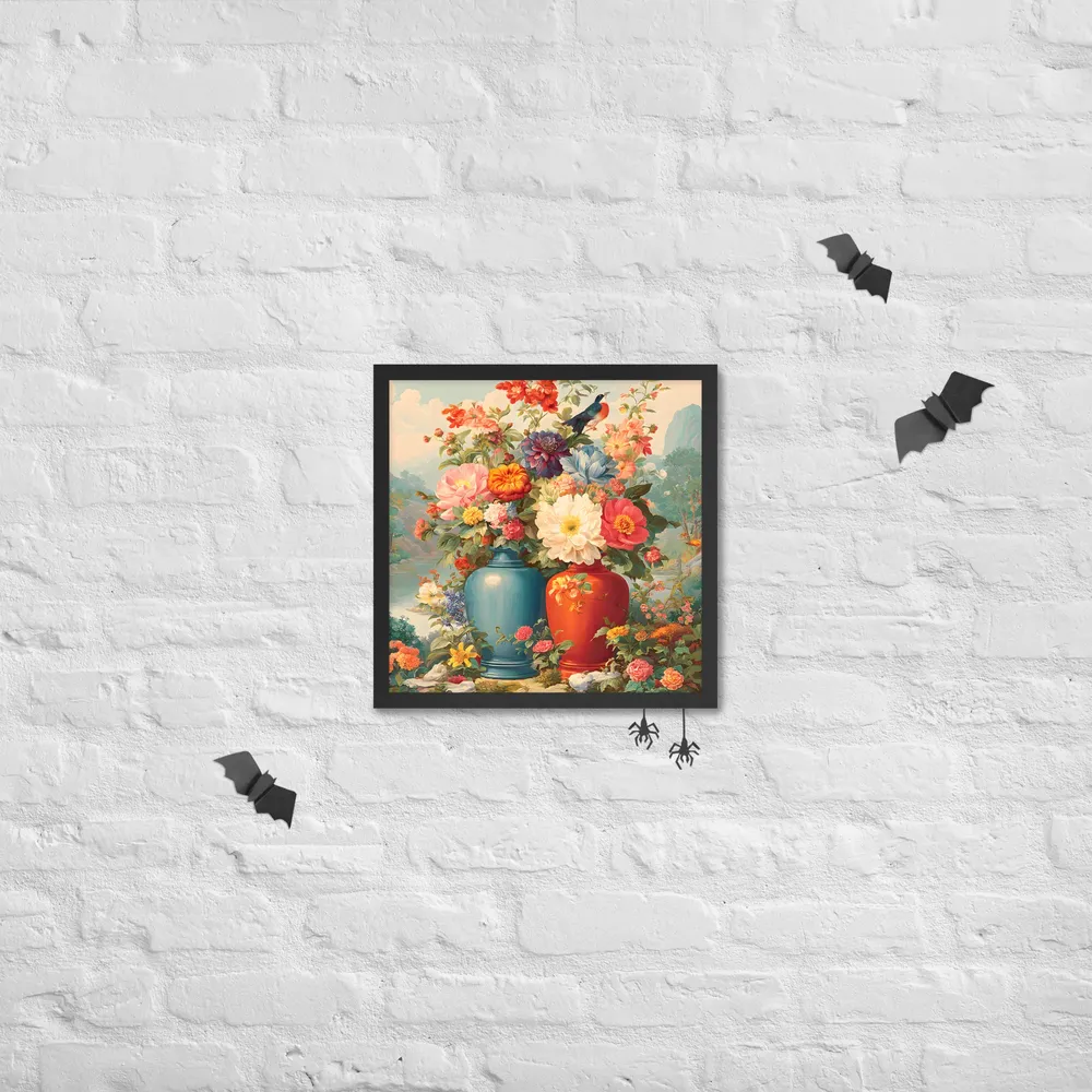 Twin Vases in Bloom 
 Poster with Black Frame | 16″x 16″