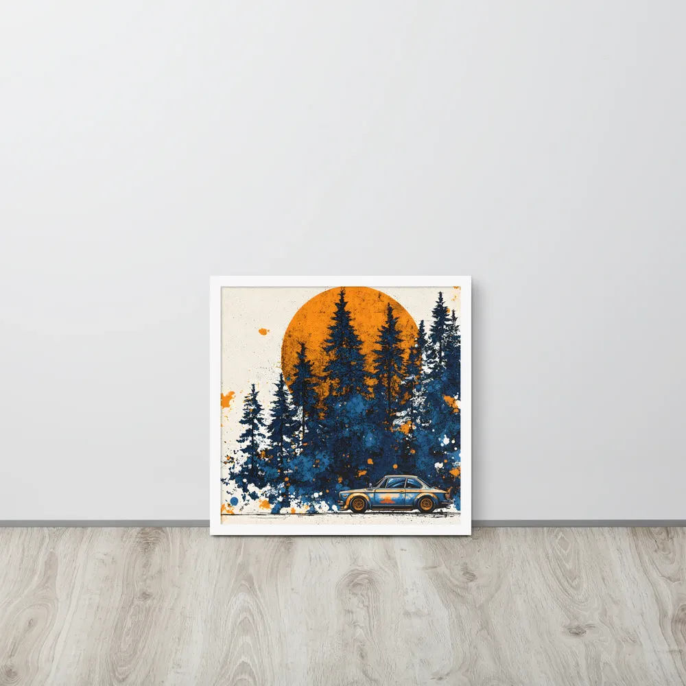 Sunset Forest Drive 
 Poster with White Frame | 18″x 18″