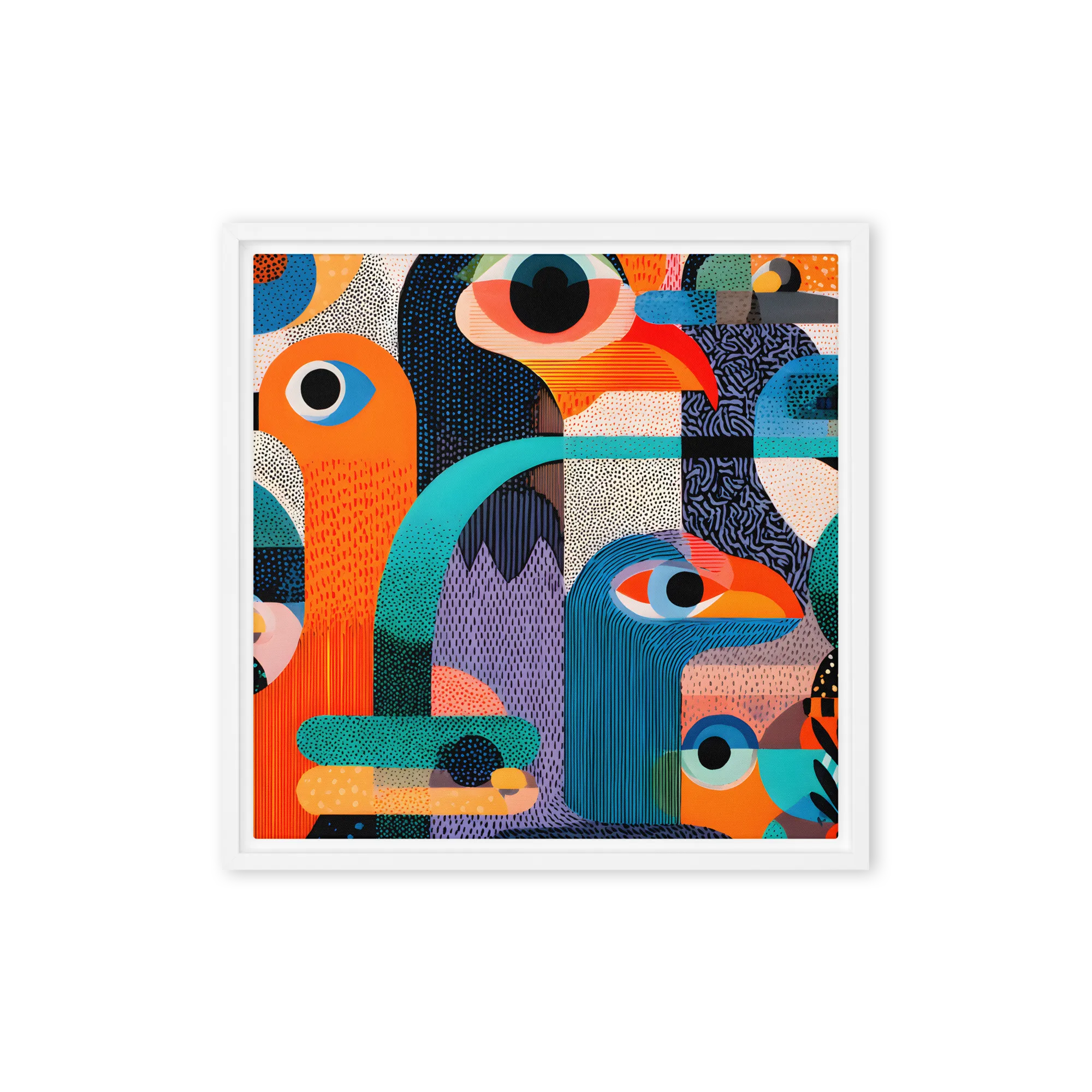 Playful Geometric Birds 
 Canvas with White Frame