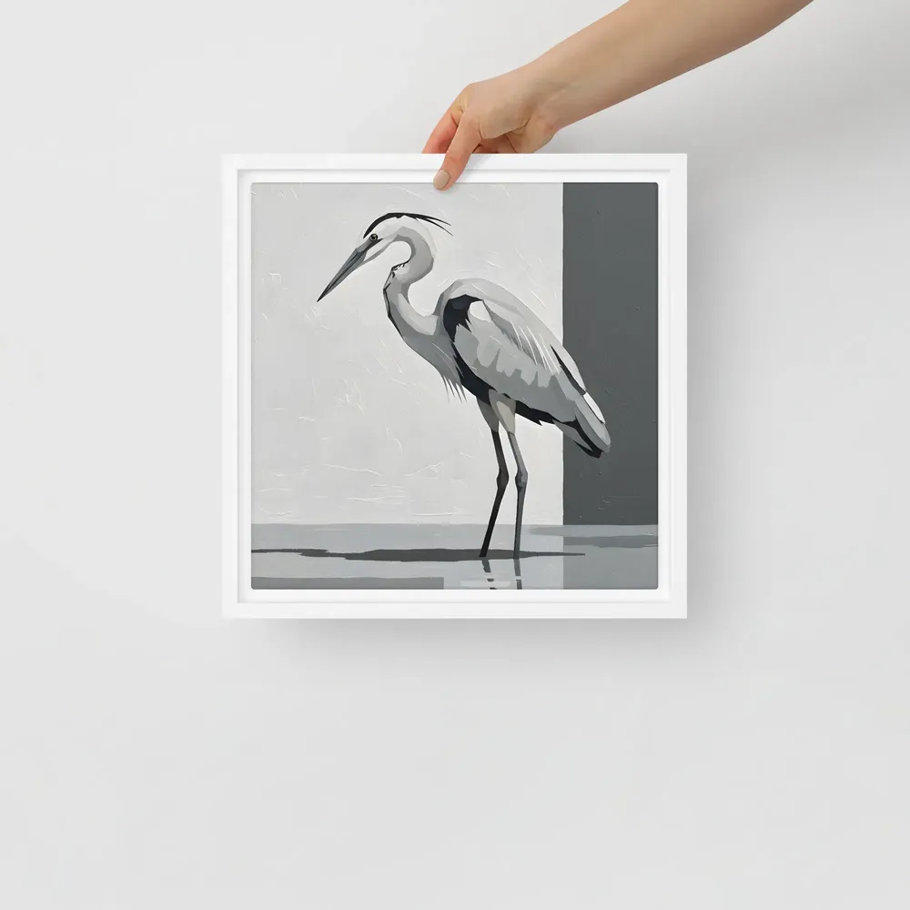 Grayscale Heron Study 
 Canvas with White Frame | 12″x 12″
