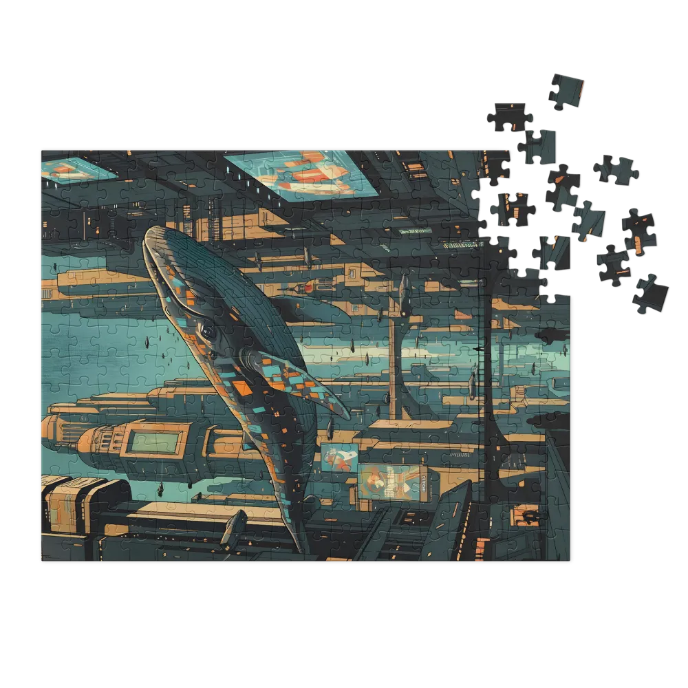 Sky Whale Over Metropolis 
 Jigsaw Puzzle in Tin Box