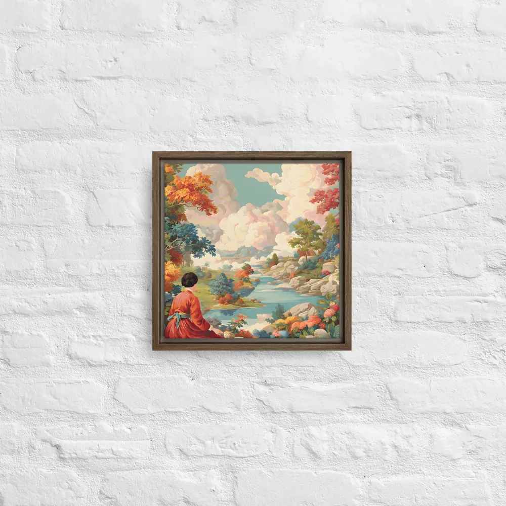 River Garden Reverie 
 Canvas with Brown Frame | 12″x 12″