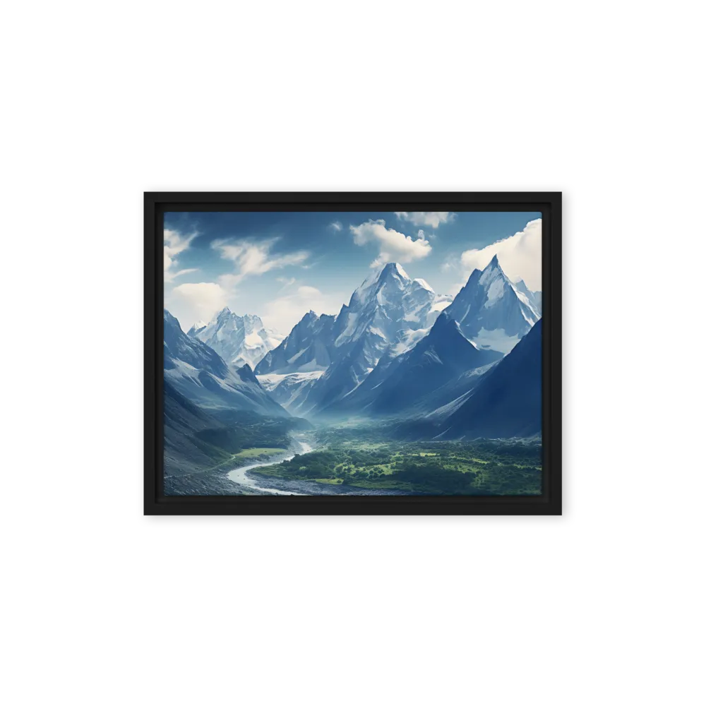 Majestic Serenity: A Landscape of Mountains and Rivers | Canvas with Black Frame | 12″×16″