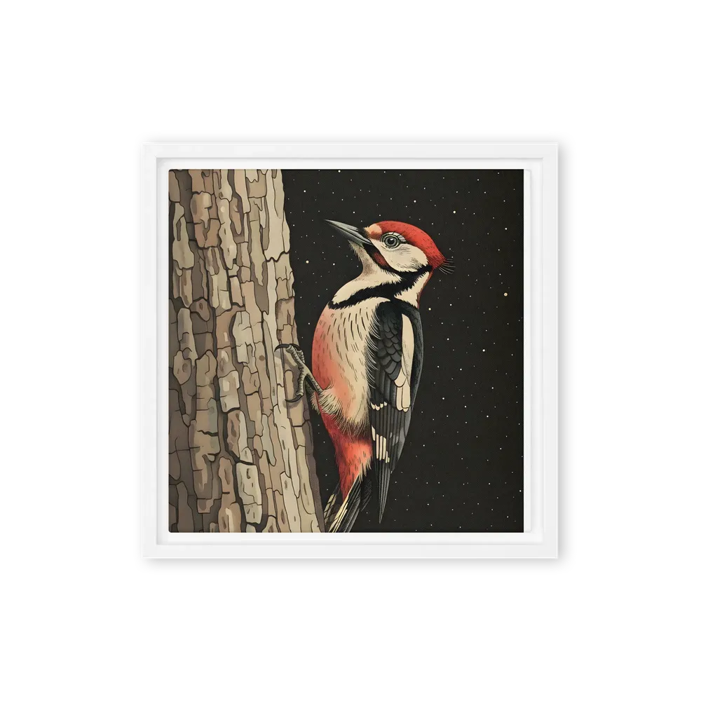 Woodpecker on Bark 
 Canvas with White Frame