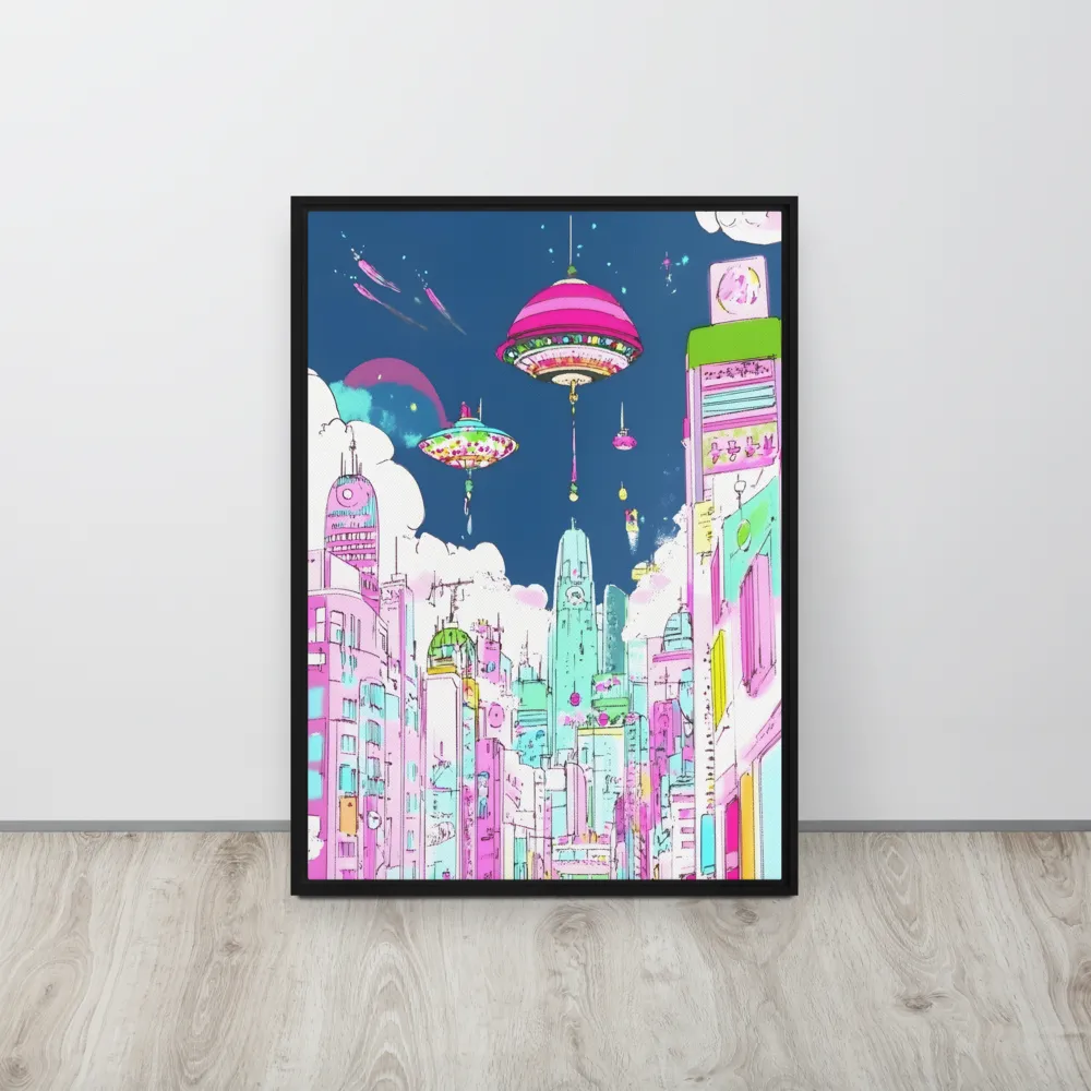 Futuristic Cityscape with Floating Structures | Canvas with Black Frame | 20″×28″