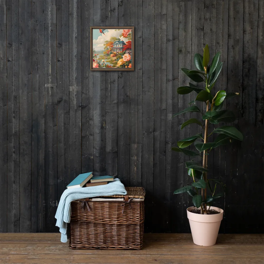 Riverside Cottage in Bloom 
 Canvas with Brown Frame | 12″x 12″