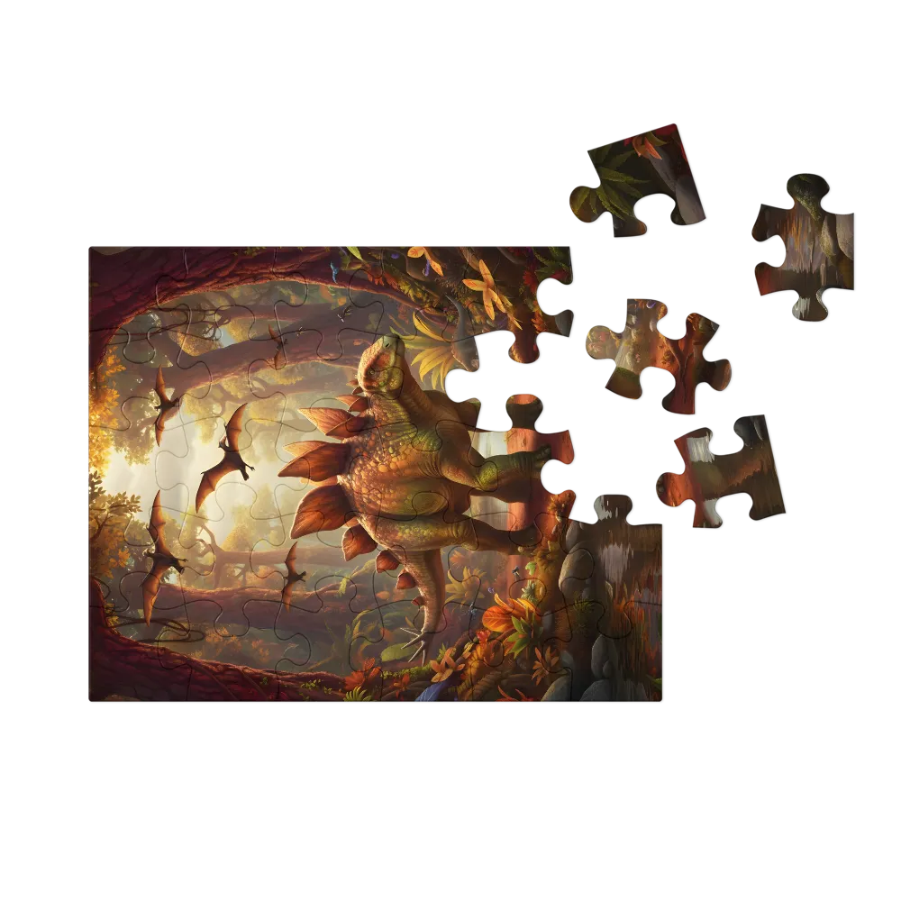 Stegosaur in Autumn Glade 
 Jigsaw Puzzle in Tin Box