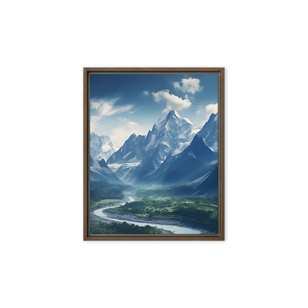 Majestic Serenity: A Landscape of Mountains and Rivers | Canvas with Brown Frame | 8″×10″