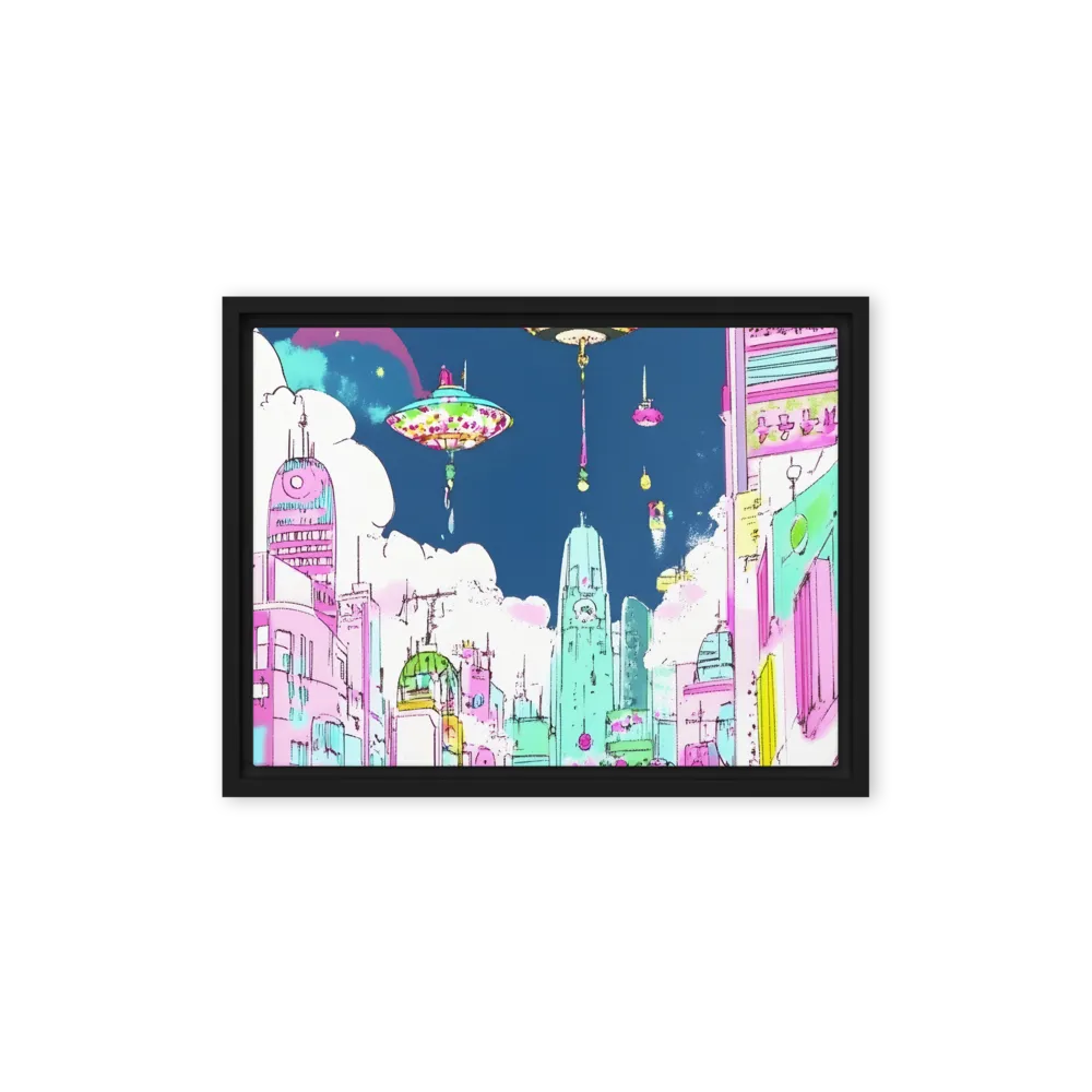 Futuristic Cityscape with Floating Structures | Canvas with Black Frame | 12″×16″