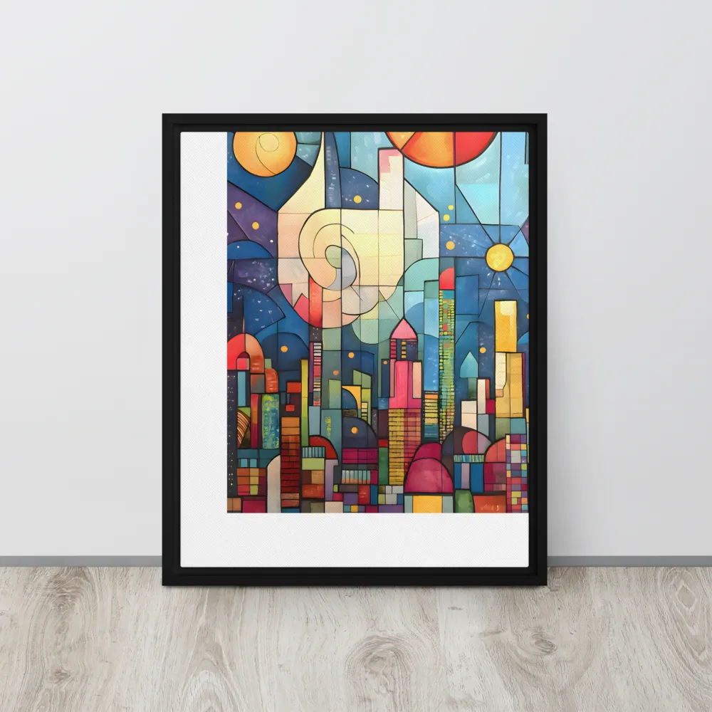 Geometric Harmony: A Vibrant Cityscape | Canvas with Black Frame | 16″×20″