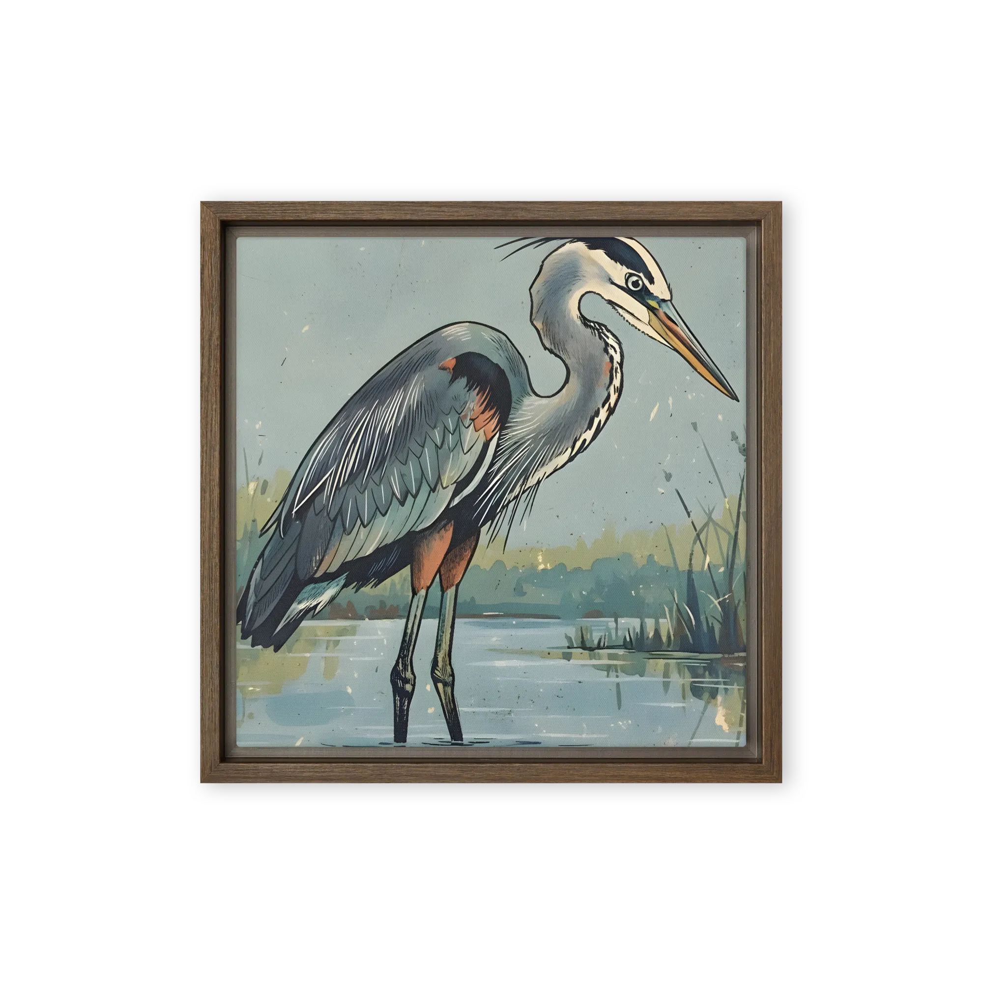 Heron in the Marsh 
 Canvas with Brown Frame