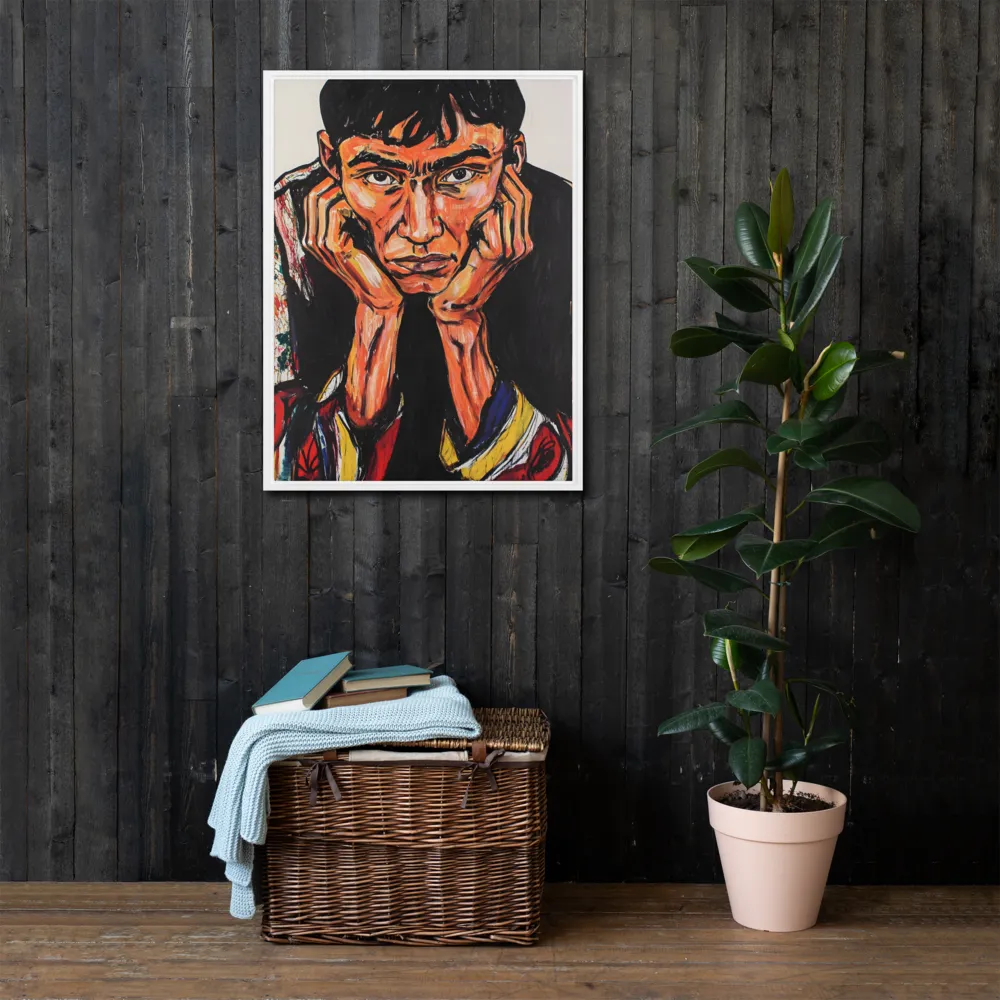 Contemplative Intensity: An Expressionist Portrait | Canvas with White Frame | 24″×32″