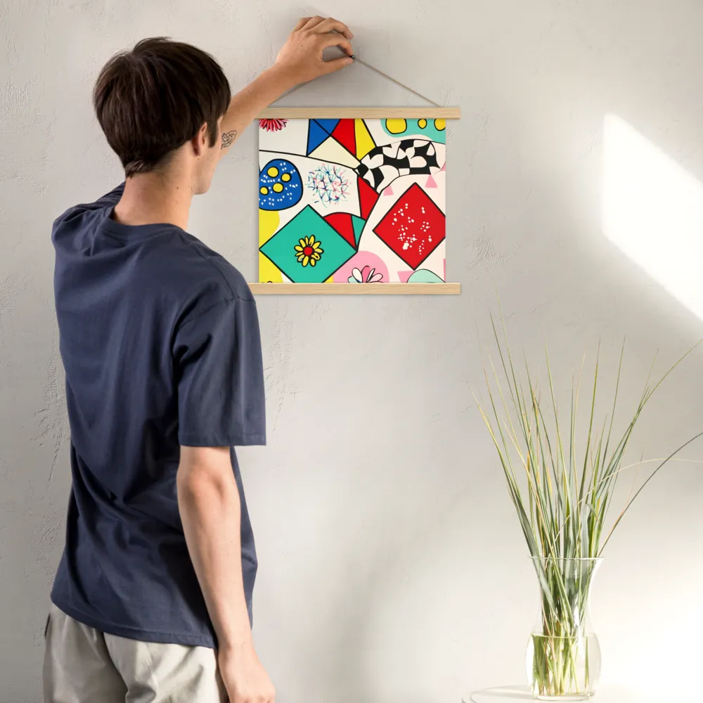 Joyful Geometry: A Playful Dance of Shapes and Colors | Poster With Oak Wood Hanger | 14″×14″
