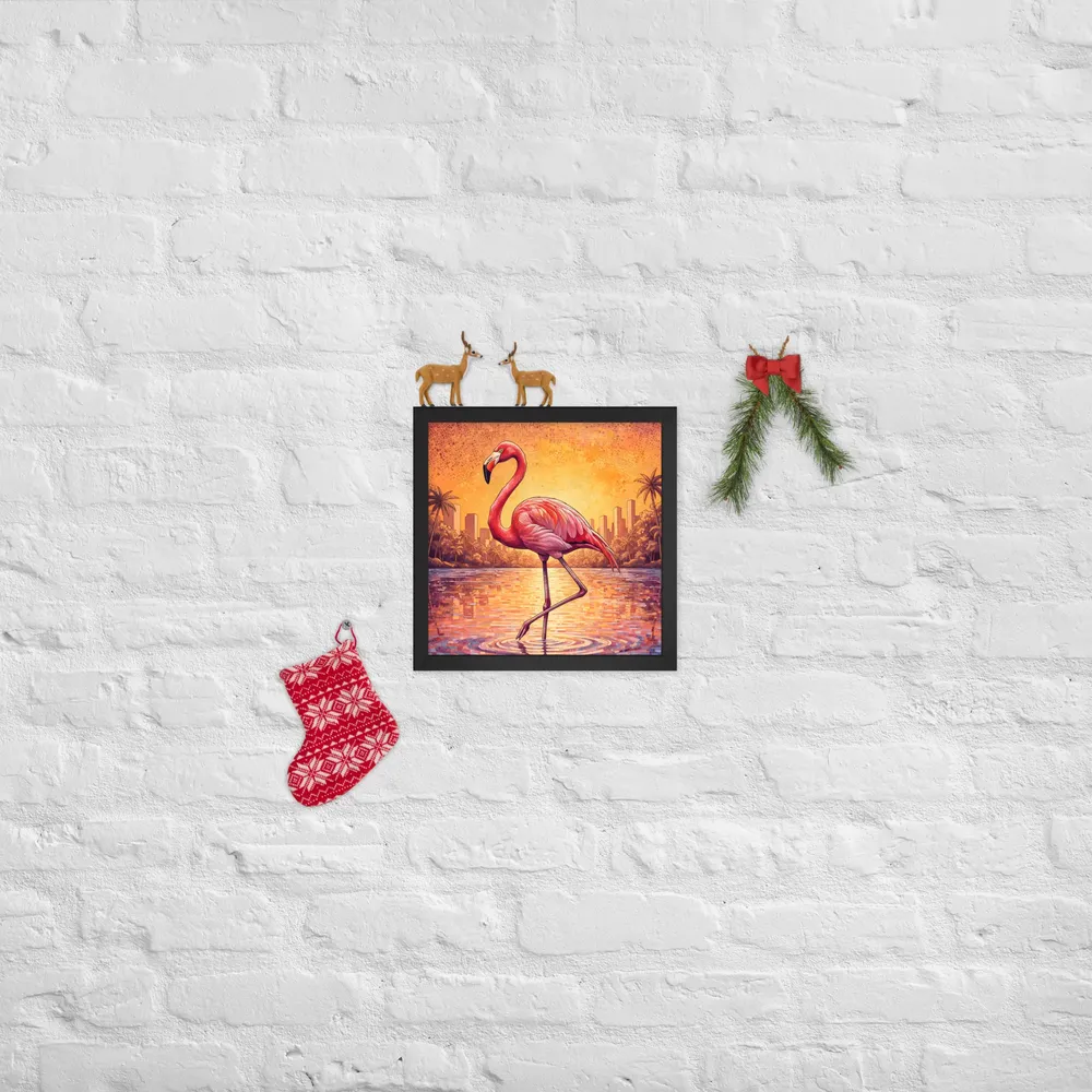 Sunset Mosaic Flamingo 
 Poster with Black Frame | 12″x 12″