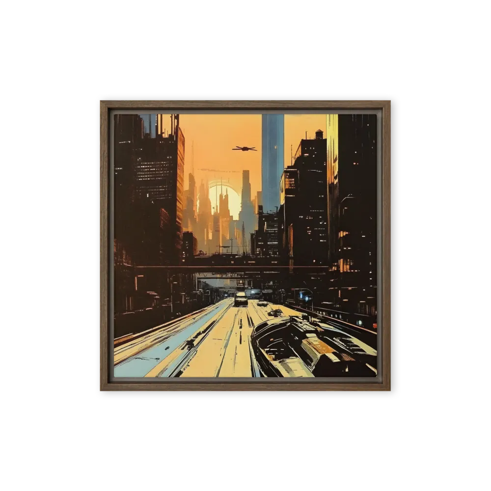 Metro Nexus: A Futuristic Cityscape | Canvas with Brown Frame | 16″×16″