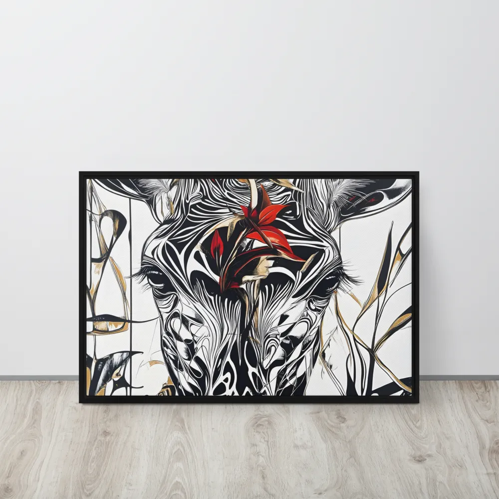 Floral Elegance: The Giraffe's Portrait | Canvas with Black Frame | 20″×30″