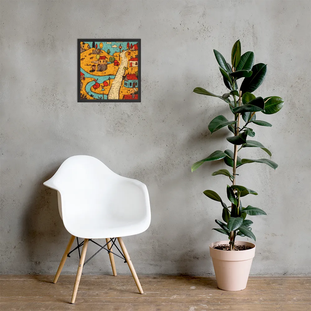 Whimsical Village Landscape | Poster with Black Frame | 16″×16″