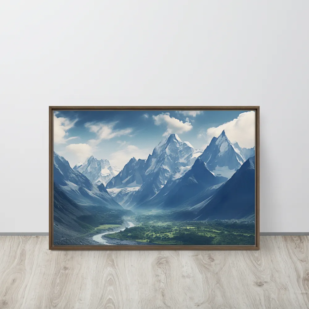 Majestic Serenity: A Landscape of Mountains and Rivers | Canvas with Brown Frame | 20″×30″
