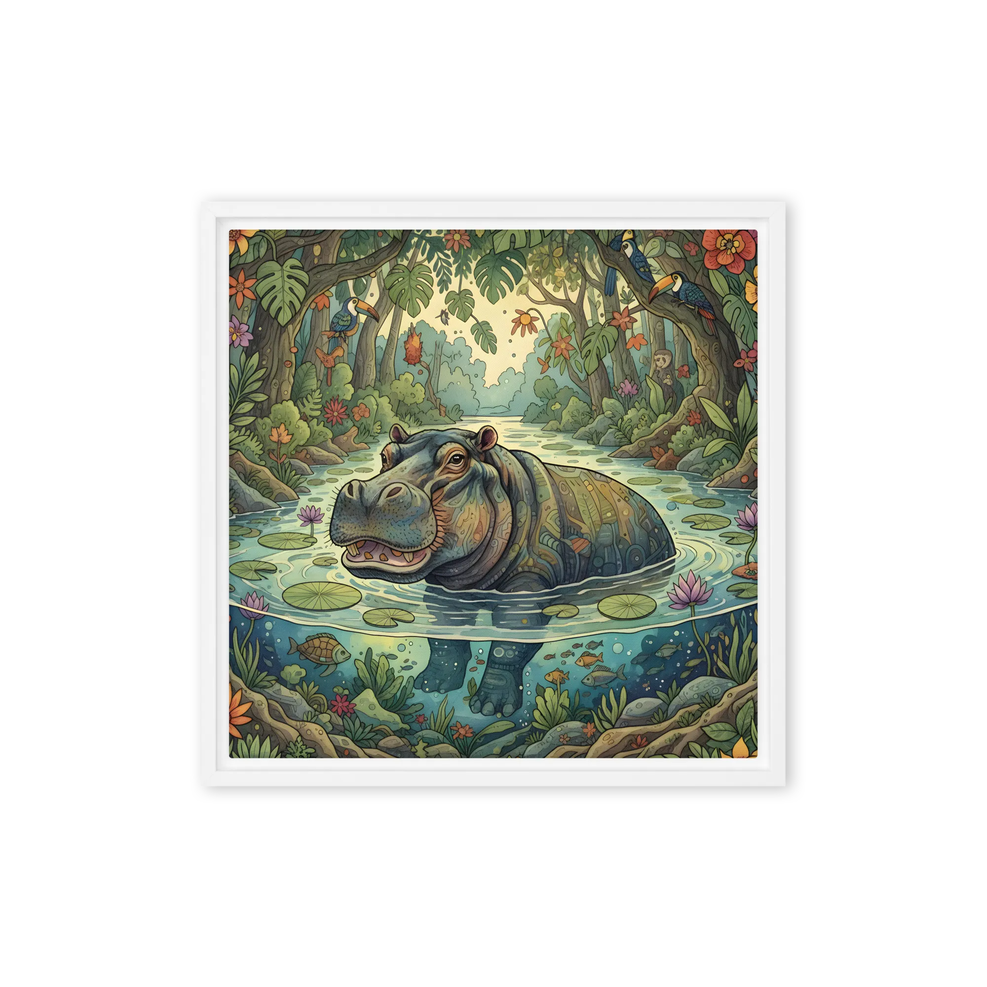 Rainforest River Hippo 
 Canvas with White Frame