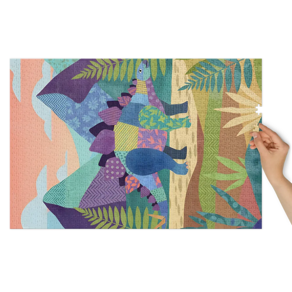 Playful Patchwork Stegosaurus 
 Jigsaw Puzzle in Tin Box
