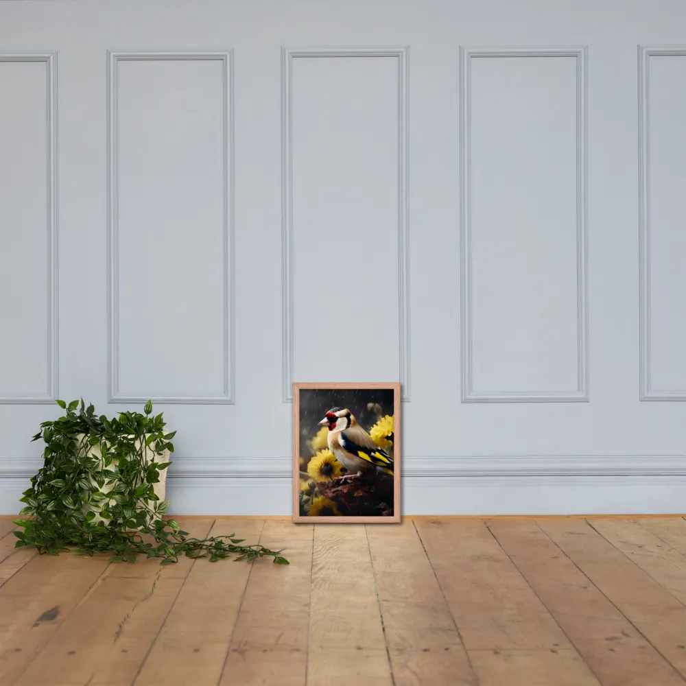 Harmony in Nature: A Goldfinch Amidst Blooms | Poster with Red oak Frame | 12″×16″