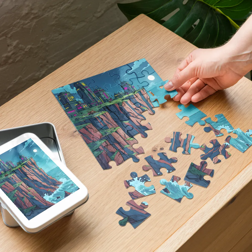 Moonlit Cliff City 
 Jigsaw Puzzle in Tin Box