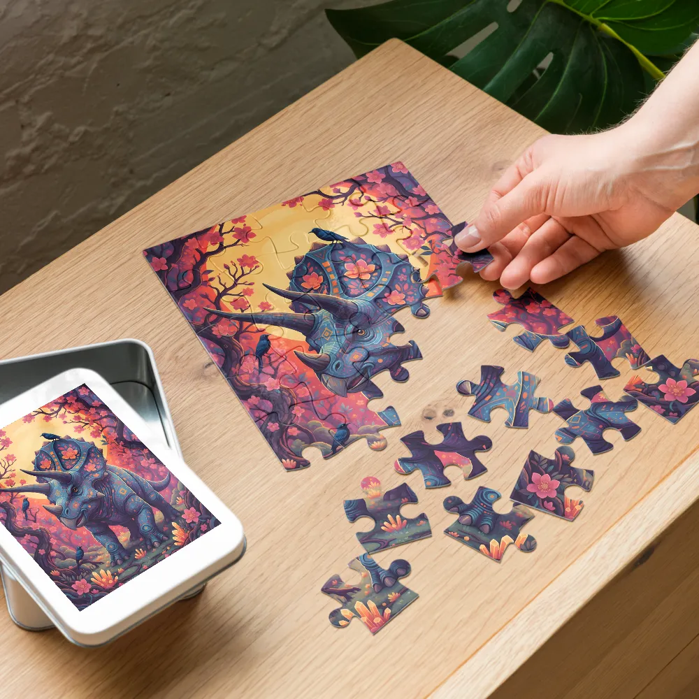 Triceratops in Bloom 
 Jigsaw Puzzle in Tin Box