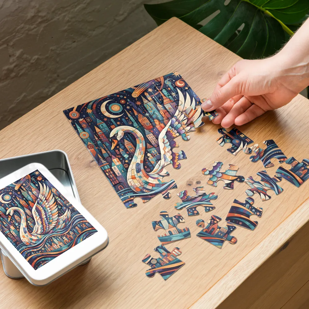 Starlit Mosaic Swan 
 Jigsaw Puzzle in Tin Box