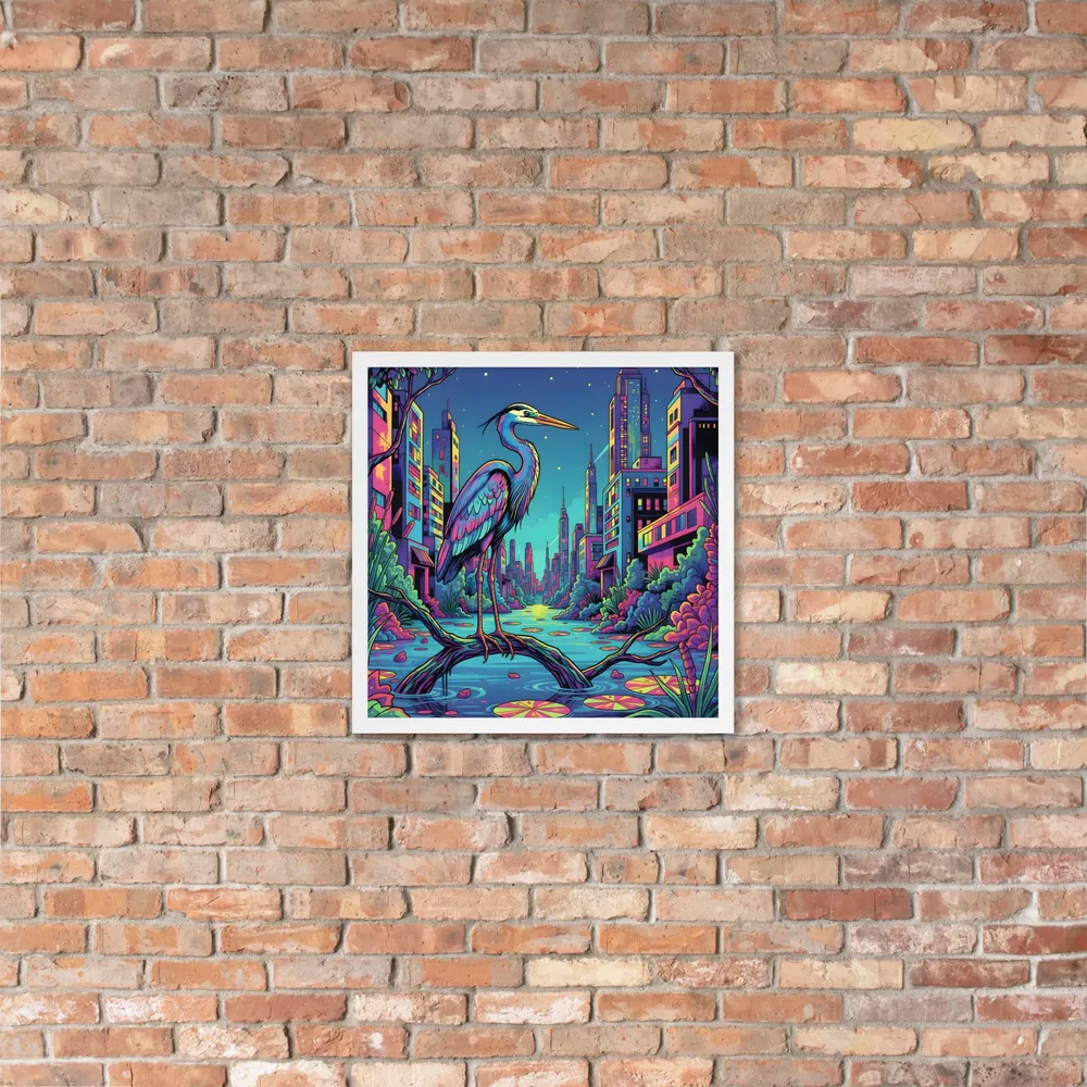 Neon Heron - Urban Twilight 
 Poster with White Frame | 18″x 18″