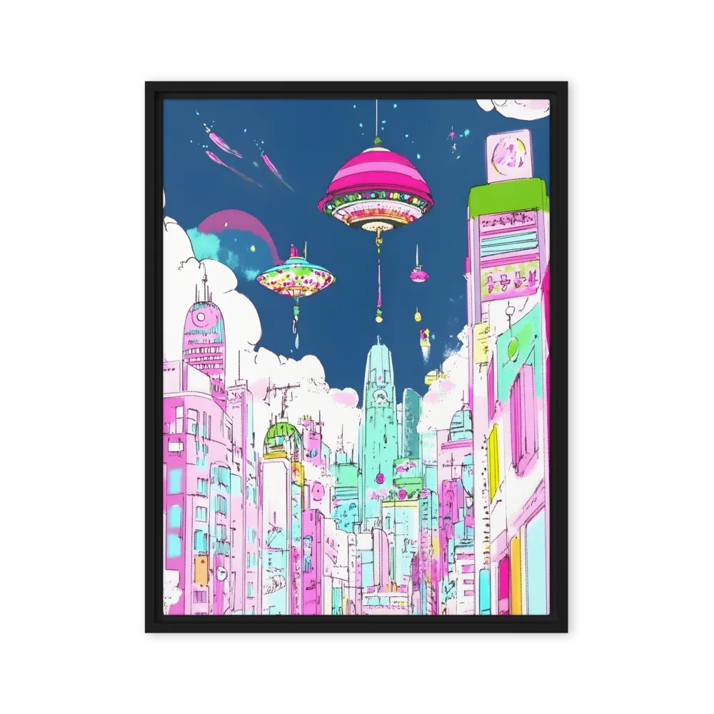 Futuristic Cityscape with Floating Structures | Canvas with Black Frame | 24″×32″