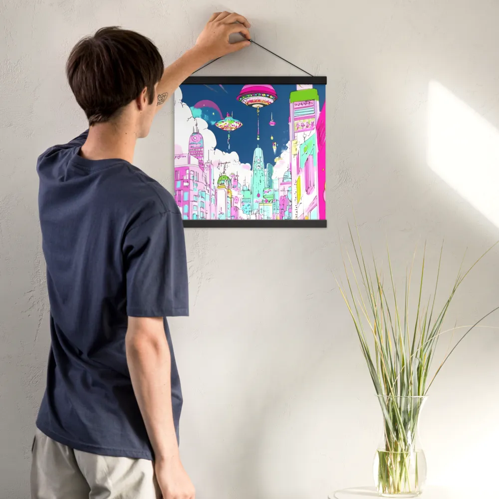 Futuristic Cityscape with Floating Structures | Poster With Black Wood Hanger | 16″×16″