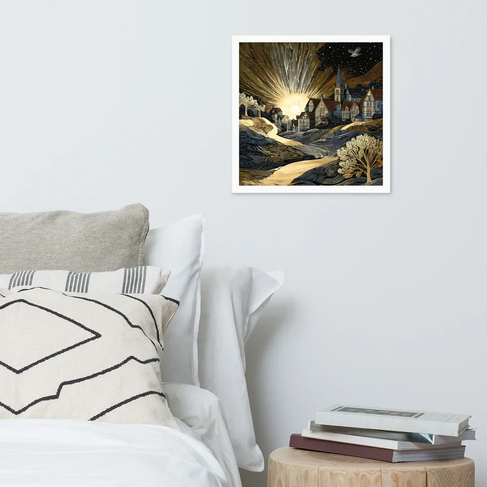 Golden Dawn Village 
 Poster with White Frame | 16″x 16″