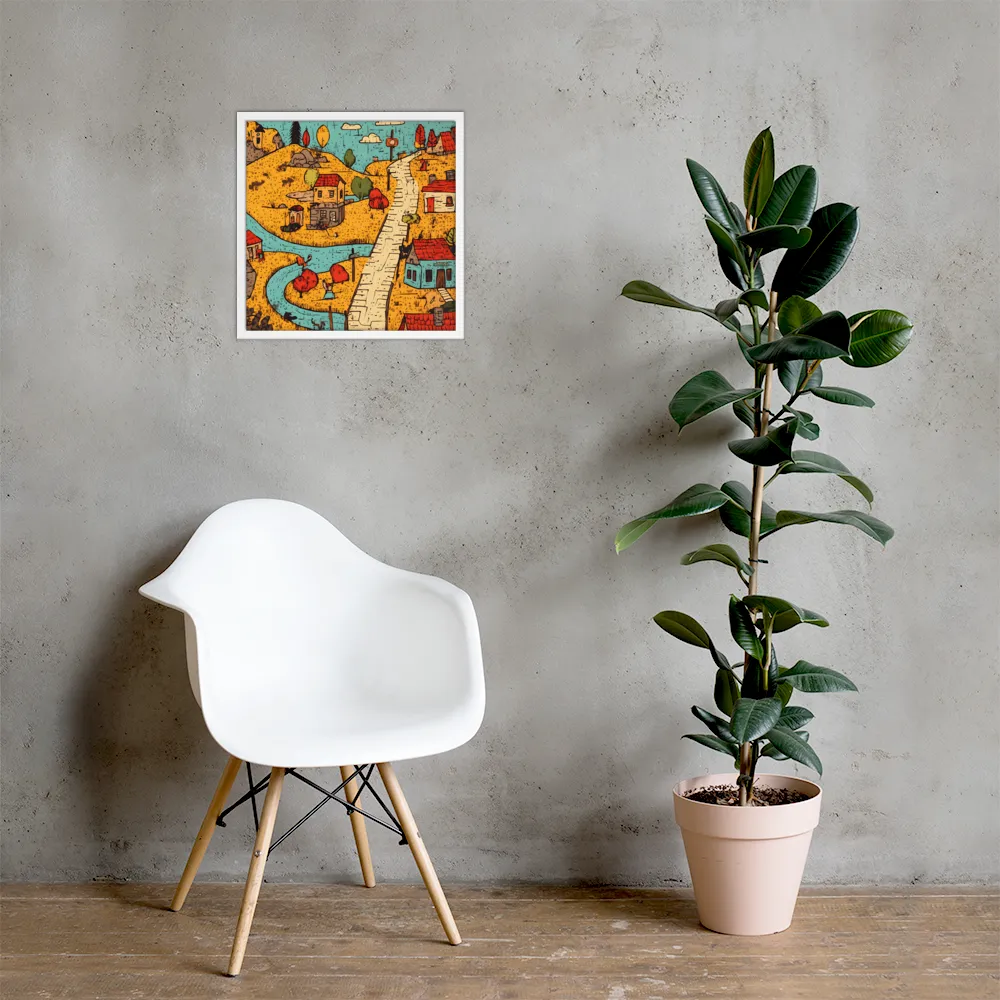Whimsical Village Landscape | Poster with White Frame | 18″×18″