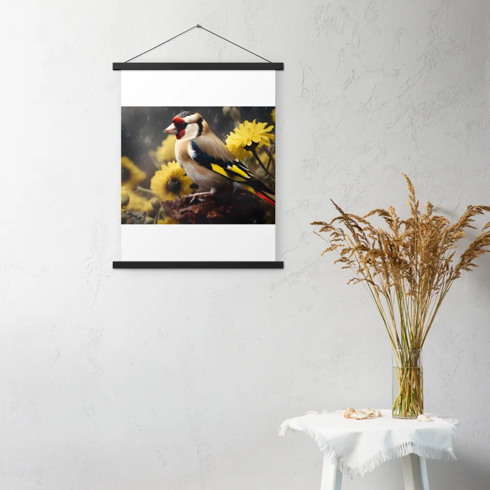 Harmony in Nature: A Goldfinch Amidst Blooms | Poster With Black Wood Hanger | 18″×24″