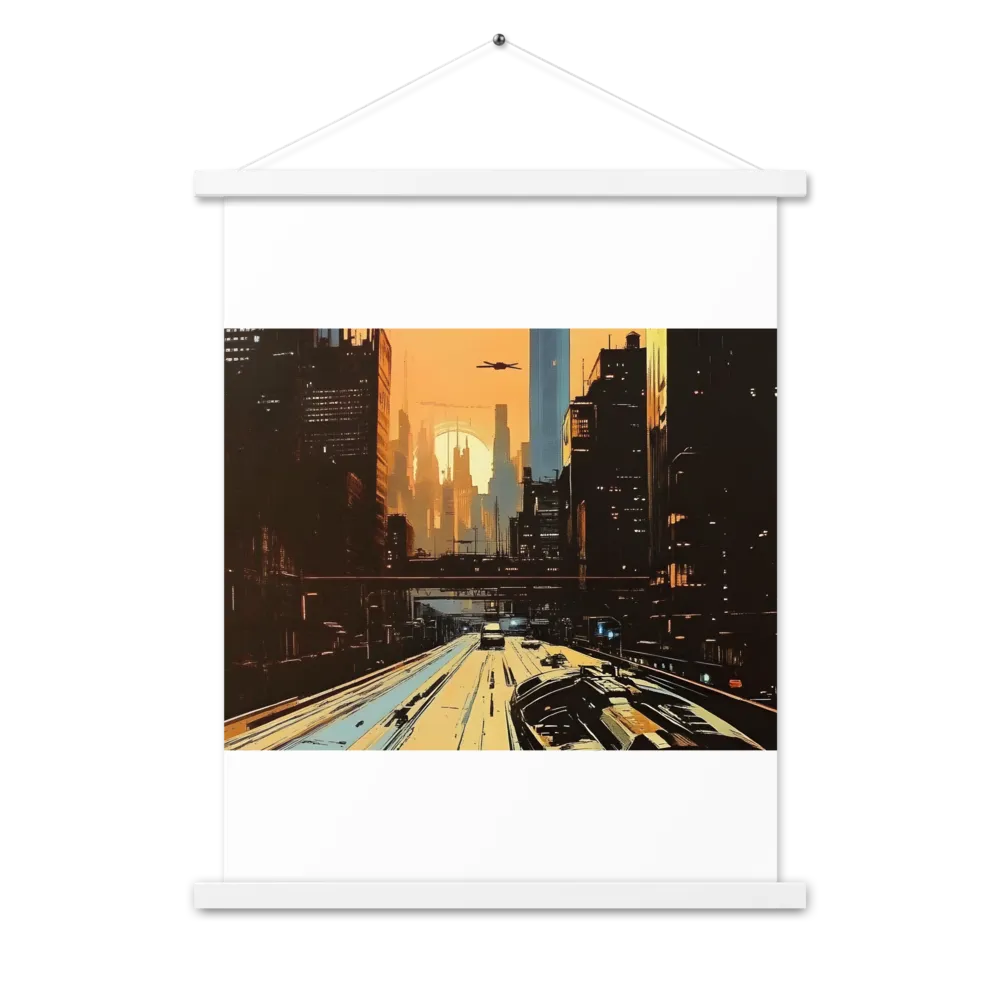 Metro Nexus: A Futuristic Cityscape | Poster With White Wood Hanger | 18″×24″