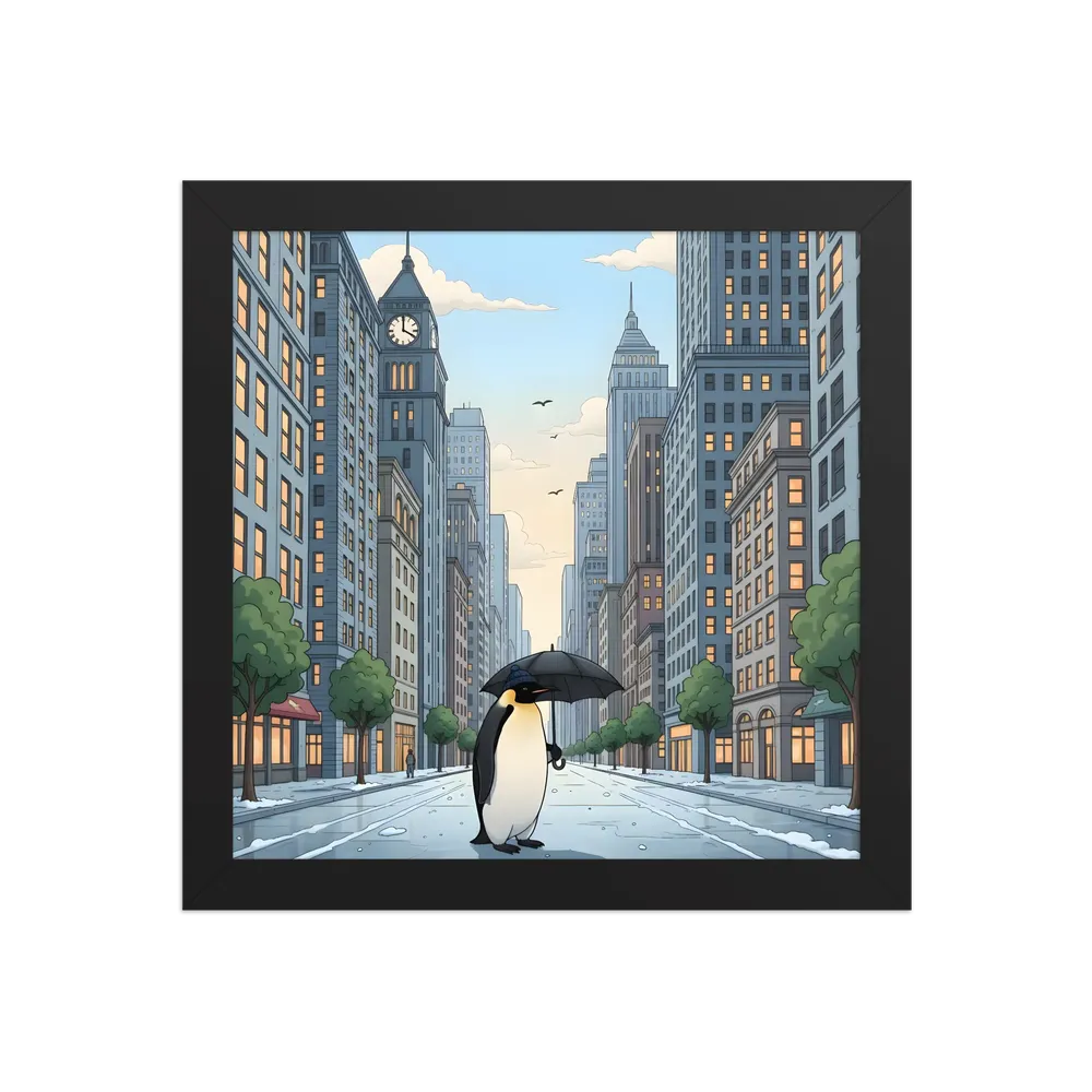 Penguin in the City 
 Poster with Black Frame | 10″x 10″