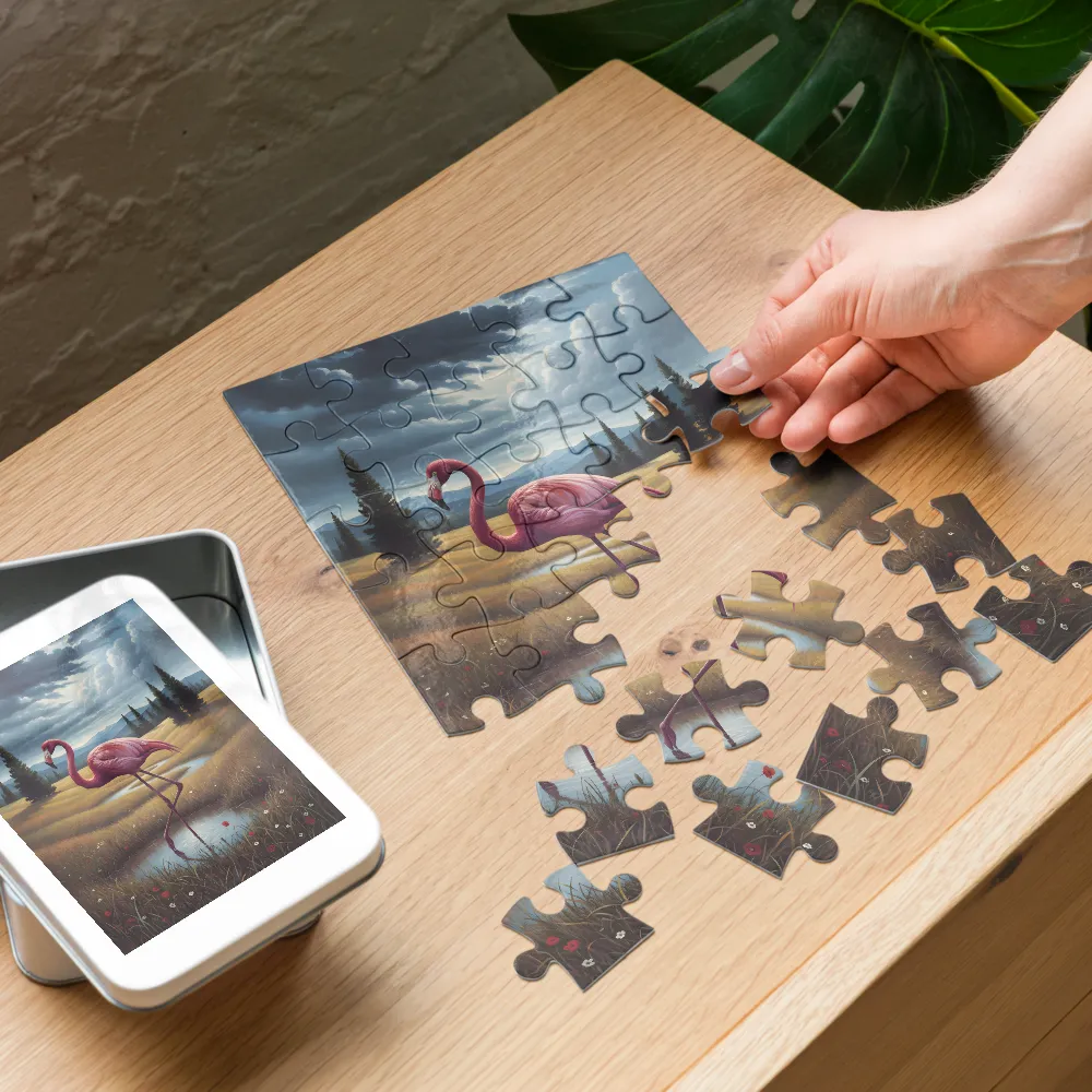 Flamingo in Meadow 
 Jigsaw Puzzle in Tin Box