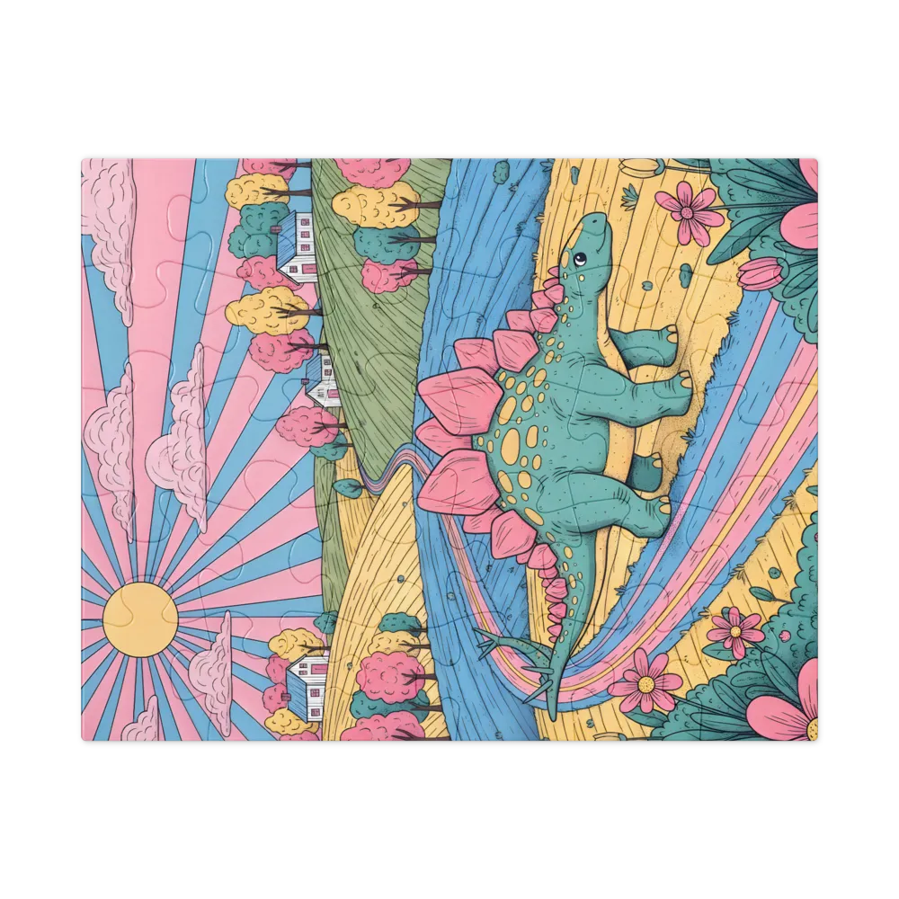Pastel Meadow Stegosaurus 
 Jigsaw Puzzle in Tin Box
