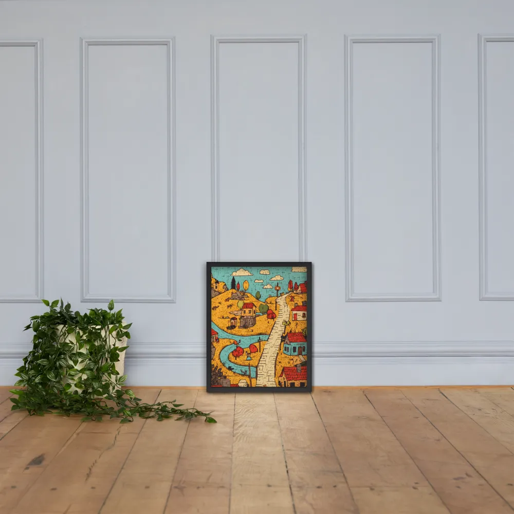 Whimsical Village Landscape | Poster with Black Frame | 16″×20″