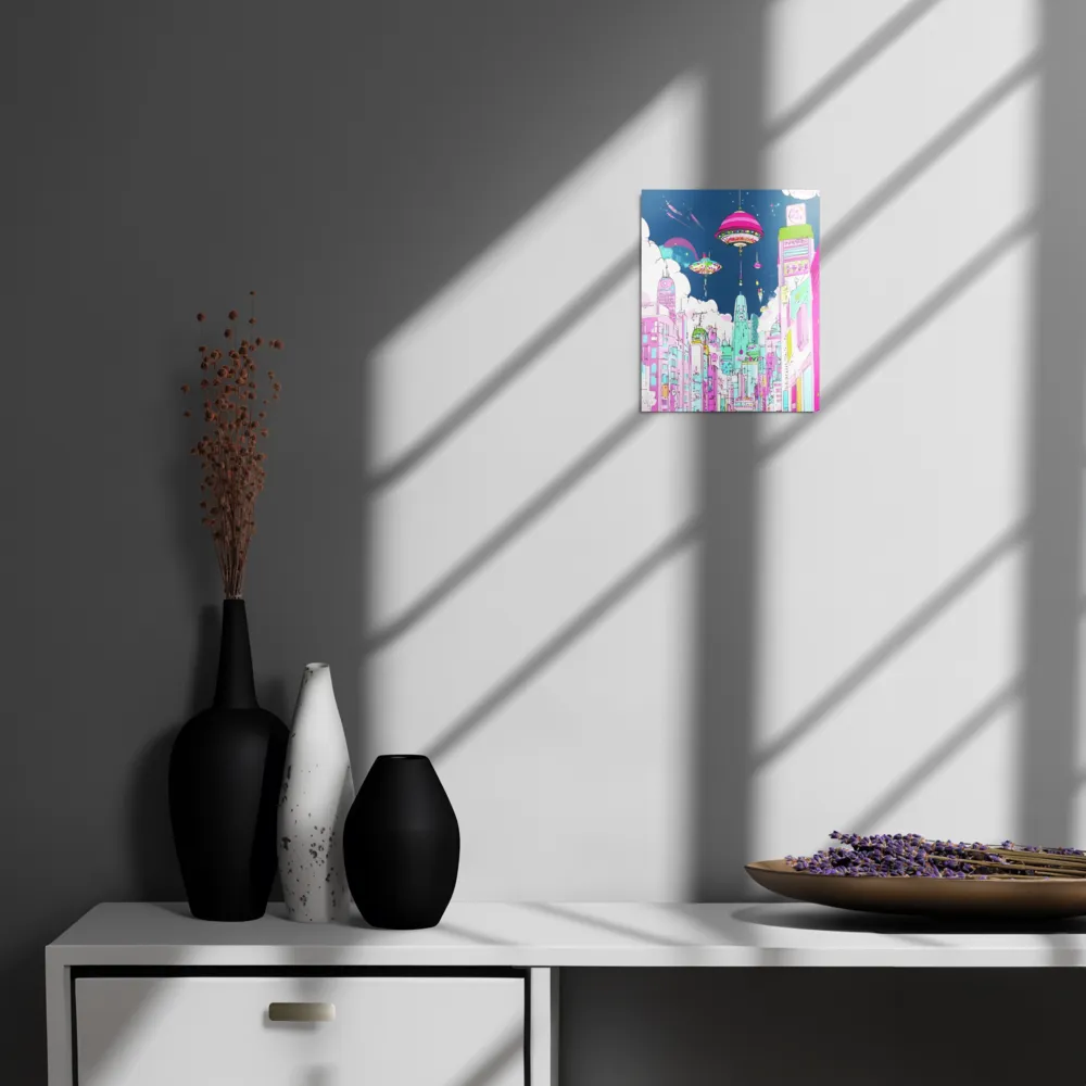 Futuristic Cityscape with Floating Structures | Metal Print | 8″×10″