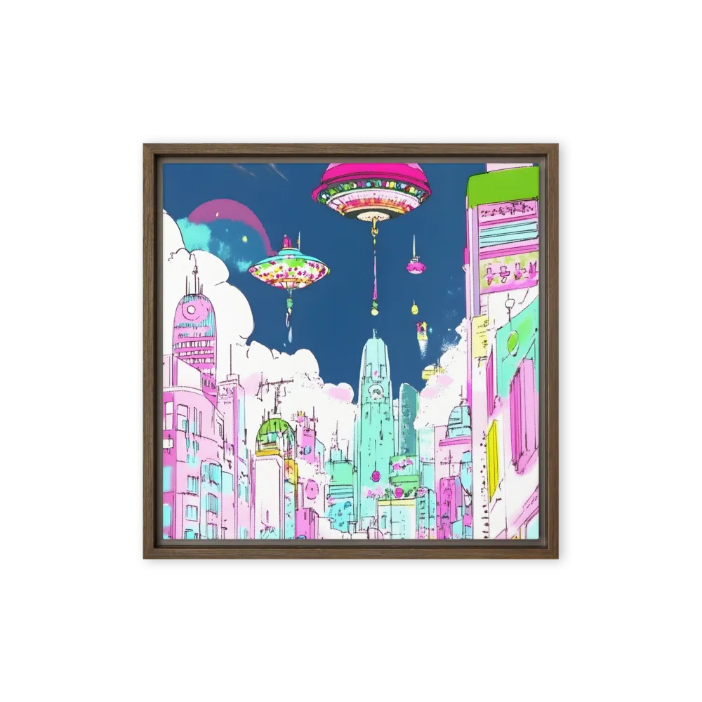 Futuristic Cityscape with Floating Structures | Canvas with Brown Frame | 16″×16″